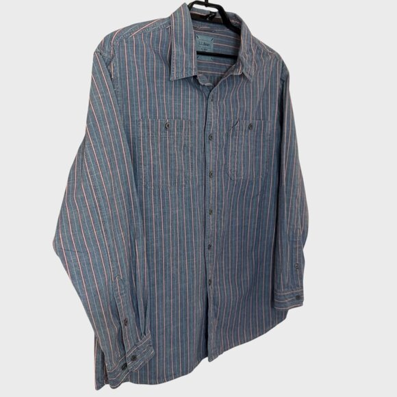 L.L. Bean Button-Up Long-Sleeve Striped Denim Shirt Blue Men's XL 100% Cotton - Picture 3 of 12
